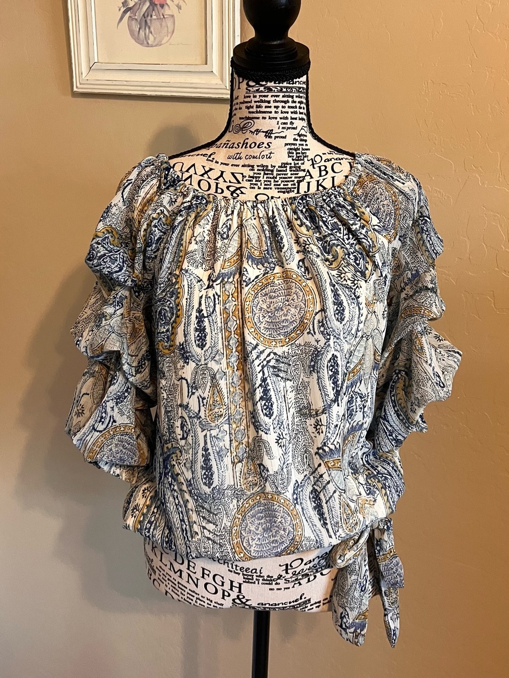 Vince Camuto Blue, White & Gold Paisley Ruffle Sleeve Blouse